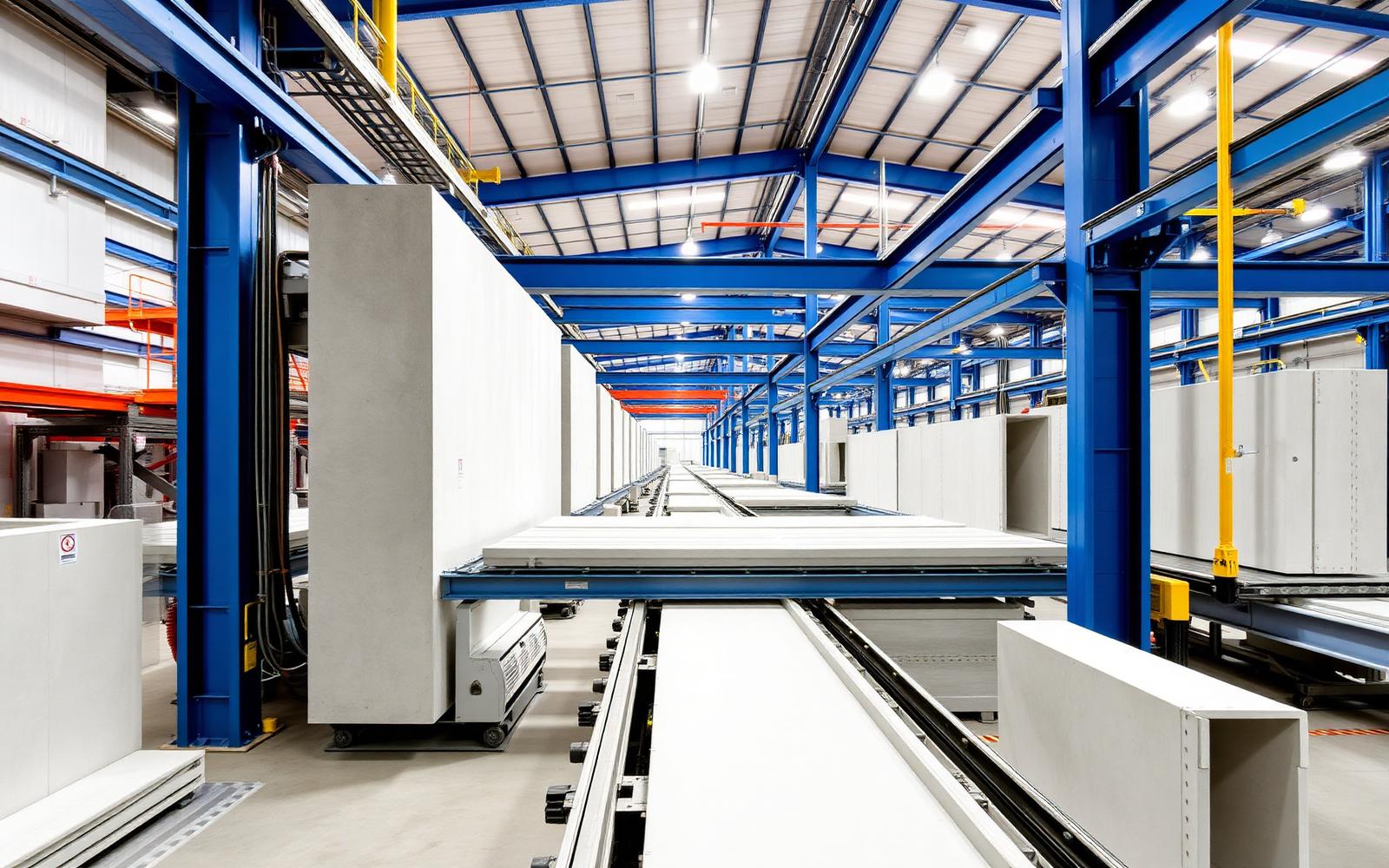 Interior de fábrica moderna produzindo painéis pré-fabricados em linha automatizada