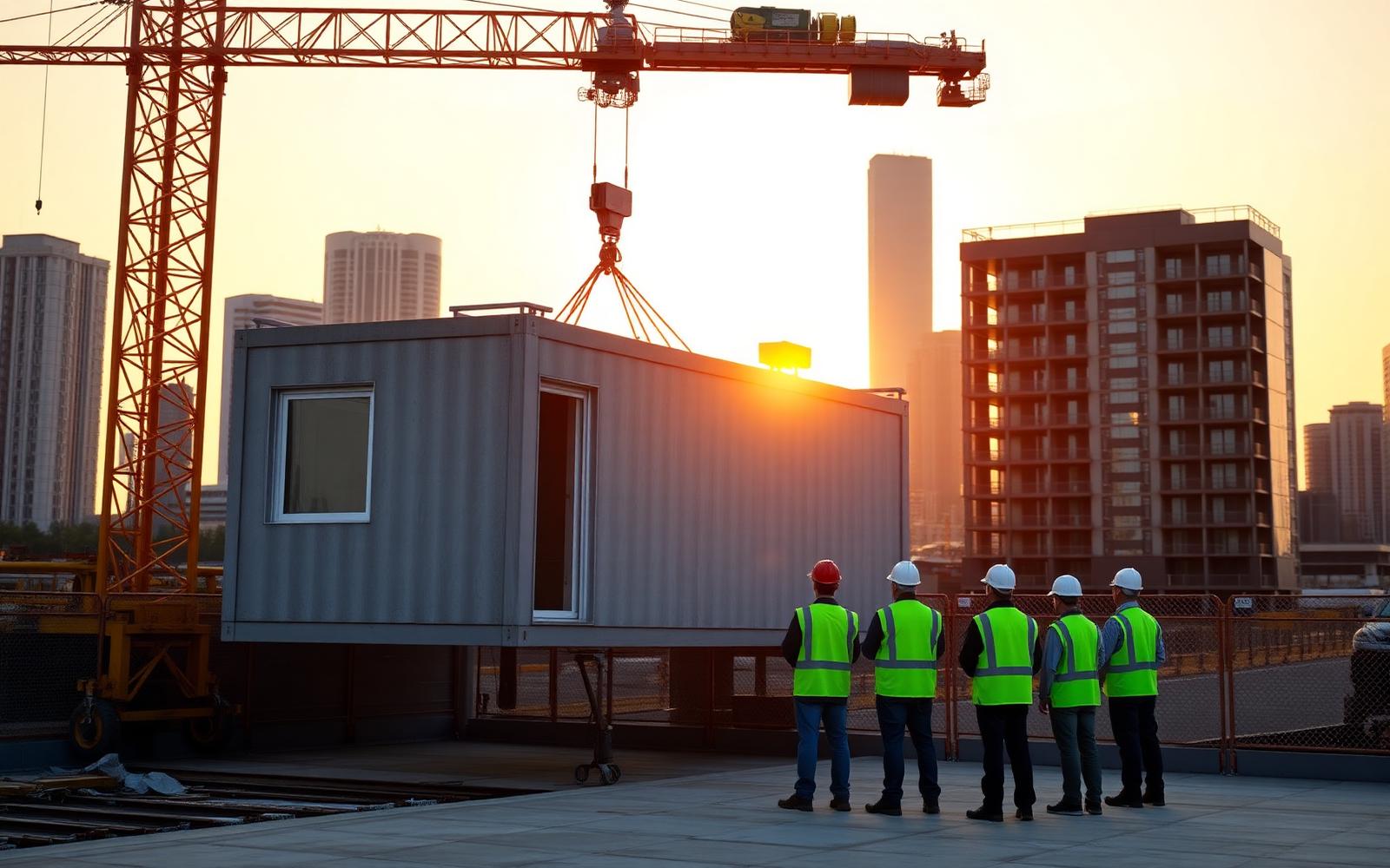 Painel de concreto pré-moldado sendo içado em canteiro de obra ao pôr do sol, com equipe observando