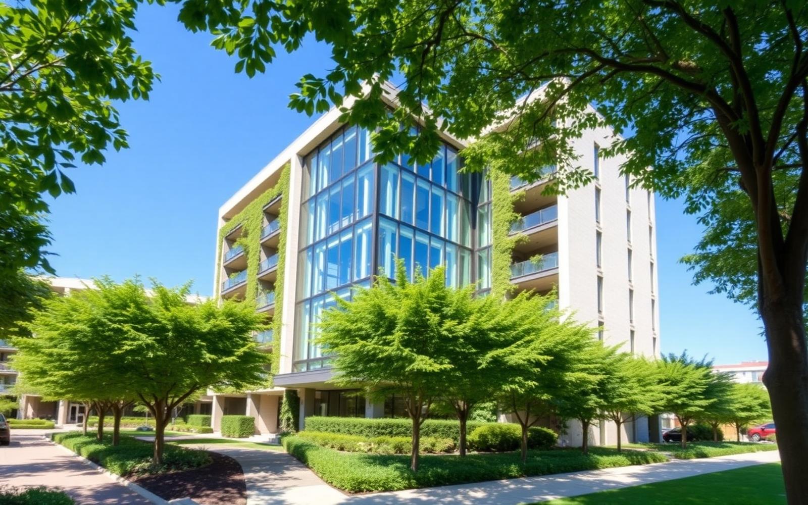 Edifício sustentável com fachada envidraçada e vegetação ao redor